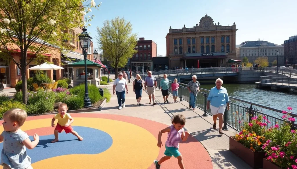 A vibrant, family-friendly scene in downtown Schenectady, New York on a sunny spring day. In the foreground, children play on a colorful playground, surrounded by lush greenery and blooming flowers. In the middle ground, parents and grandparents stroll along a scenic riverfront path, taking in the views of the historic buildings and bridges. In the background, the iconic Proctor's Theatre stands tall, its ornate architecture and marquee lights shining brightly. The atmosphere is warm and welcoming, inviting visitors to explore the city's charming attractions and unique local culture.
