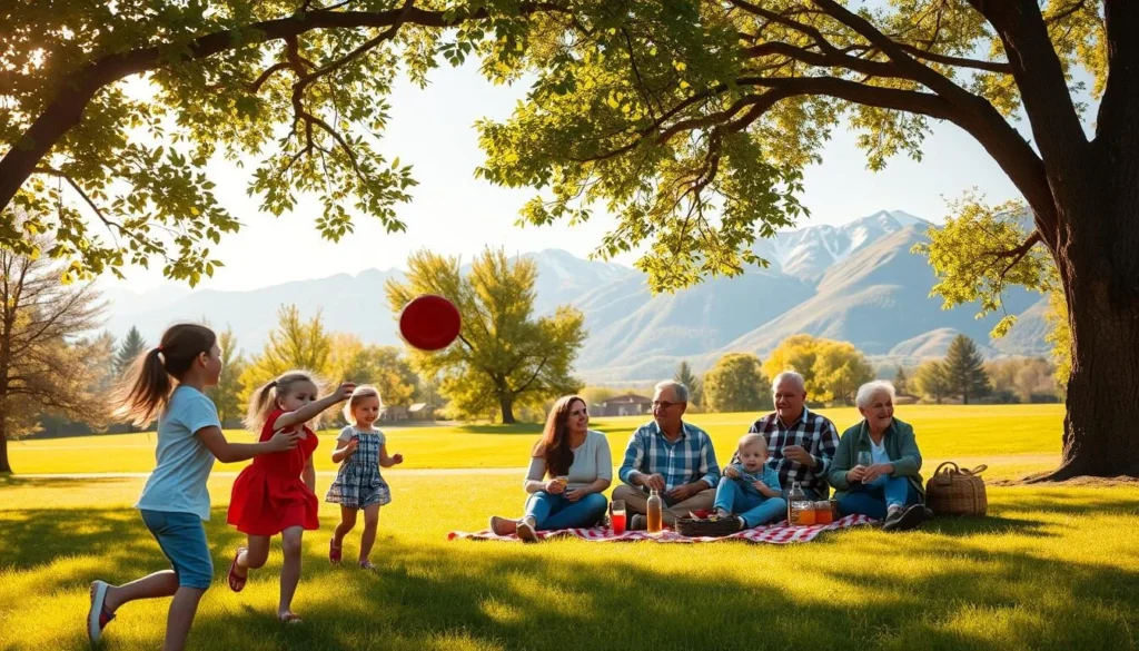 A vibrant family scene in a lush, sun-dappled park in Greeley, Colorado. In the foreground, a group of children playfully tossing a frisbee, their laughter echoing across the verdant lawn. Middle ground features parents and grandparents picnicking on a checkered blanket, savoring local delicacies and enjoying each other's company. The background showcases the majestic Rocky Mountains, their snow-capped peaks serving as a breathtaking backdrop. Warm, golden lighting filters through the canopy of trees, creating a welcoming and inviting atmosphere. The overall composition captures the essence of family-friendly activities and the vibrant community spirit that defines Greeley.