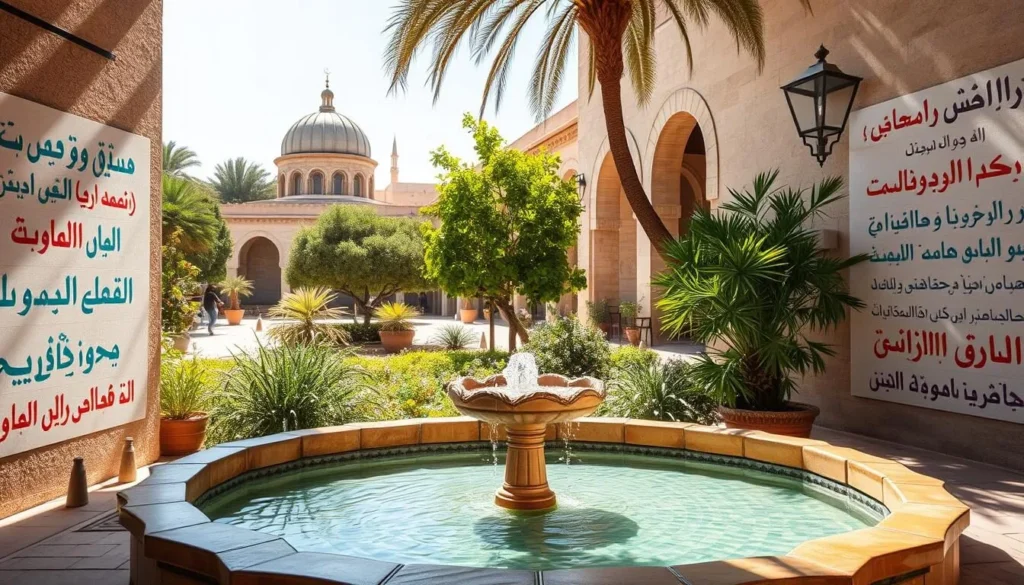 A vibrant, hand-painted display of essential Arabic phrases in a serene, sun-dappled courtyard. The foreground features a variety of colorful, calligraphic script in traditional styles, elegantly arranged on weathered stone walls. The middle ground showcases an ornate, tiled fountain surrounded by lush, verdant foliage, casting gentle reflections. In the background, a glimpse of iconic domed architecture and a clear, azure sky, conveying a sense of tranquility and cultural richness. Soft, warm lighting illuminates the scene, creating a welcoming and inviting atmosphere for travelers seeking to navigate the language of Damascus.