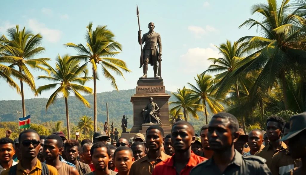 A vibrant landscape depicting the revolutionary history of Haiti. In the foreground, a crowd of determined revolutionaries standing united, their faces etched with resolve. In the middle ground, a majestic statue of Toussaint Louverture, the iconic leader of the Haitian Revolution, overlooking the scene. In the background, the lush, tropical landscape of Haiti, with swaying palm trees and a clear, azure sky. The lighting is warm and golden, casting a sense of pride and triumph over the entire composition. Capture the spirit of Haiti's revolutionary past with this visually captivating image.