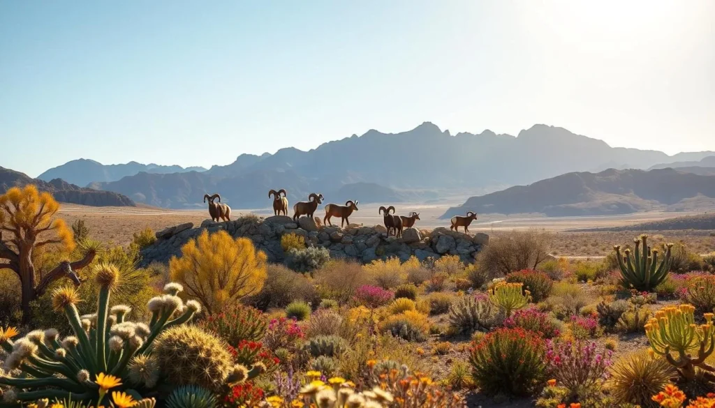 A vibrant landscape in the Panamint Range, California, under a warm, golden sun. In the foreground, a diverse array of native flora - joshua trees, yuccas, and colorful wildflowers - thrive in the arid terrain. In the middle ground, a herd of bighorn sheep graze atop rocky outcroppings, their majestic horns silhouetted against the cloudless sky. In the distance, the rugged, angular peaks of the Panamint Range rise, casting long shadows across the scene. The image is captured with a wide-angle lens, conveying a sense of grand, sweeping vistas and the untamed, otherworldly beauty of this unique desert ecosystem.
