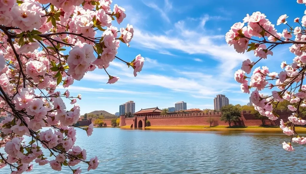 A vibrant landscape of Nanjing on a sunny spring day. In the foreground, lush cherry blossoms frame a tranquil lake, their petals gently drifting on the calm water. In the middle ground, the majestic purple-hued Ming Dynasty city walls rise up, their ancient grandeur contrasted by the modern skyscrapers peeking out in the distance. The sky is a brilliant azure, with wispy clouds creating a sense of warmth and serenity. The scene is bathed in a soft, golden light, creating a welcoming, picturesque atmosphere that captures the best time to visit this historic Chinese city.