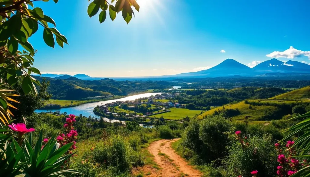 A vibrant landscape of Negros Island, Philippines, bathed in warm sunlight. In the foreground, lush tropical foliage and colorful flowers frame a winding path leading towards a picturesque village nestled among rolling hills. In the middle ground, a sparkling river meanders through the verdant landscape, its crystalline waters reflecting the azure sky above. In the distance, majestic volcanic peaks rise, their rugged silhouettes creating a dramatic backdrop. The scene exudes a sense of tranquility and natural beauty, inviting the viewer to explore the wonders of this idyllic island destination.