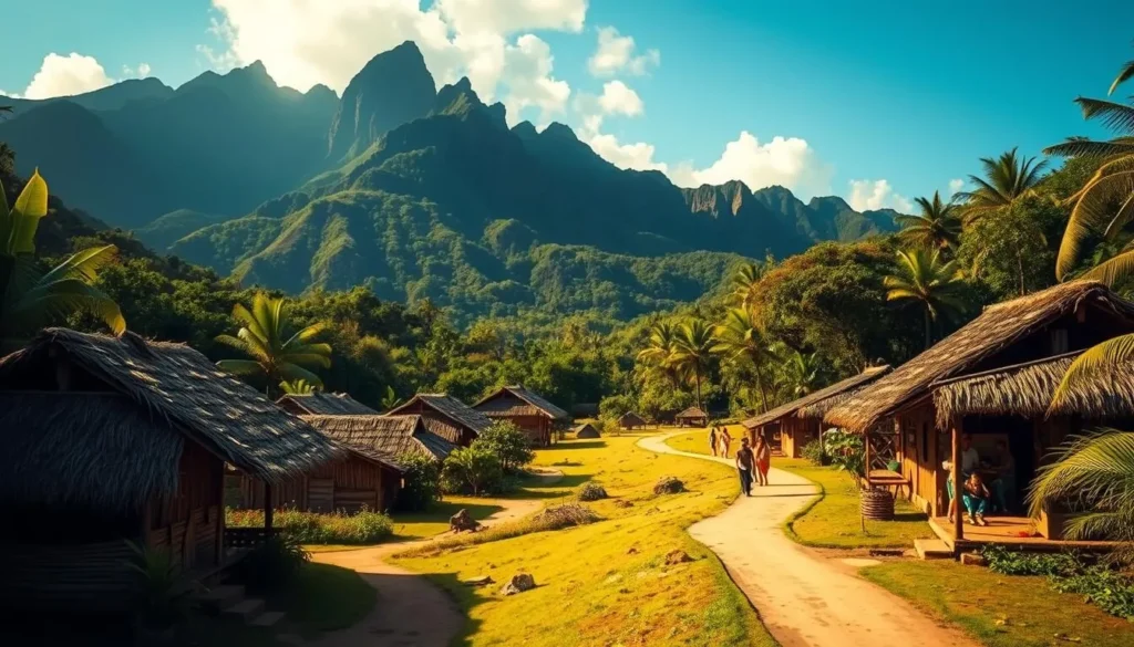 A vibrant landscape of Papua New Guinea's lush tropical scenery, with towering mountains and verdant rainforests in the background. In the foreground, a winding path leads through a small village, showcasing traditional thatched-roof huts and locals going about their daily activities. The scene is bathed in warm, golden sunlight, creating a welcoming and serene atmosphere. The image captures the essence of the country's natural beauty and cultural richness, providing a glimpse into the allure of this captivating travel destination.