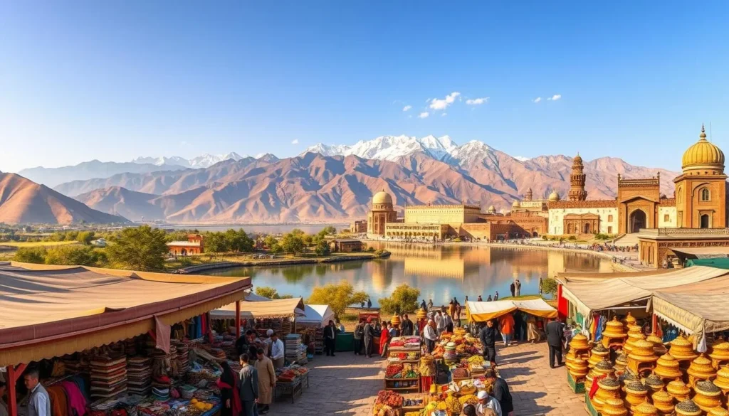 A vibrant landscape showcasing Pakistan's cultural and natural wonders. In the foreground, a bustling outdoor market with colorful textiles, fragrant spices, and intricate handicrafts. In the middle ground, a majestic mountain range with snow-capped peaks reflecting in a serene lake. The background features ancient historical monuments and ornate architectural structures, bathed in warm, golden sunlight. The scene exudes a sense of cultural richness, natural beauty, and timeless wonder. Capture this essence through a wide-angle lens, with a balanced composition that highlights the harmony between the human and the natural elements.