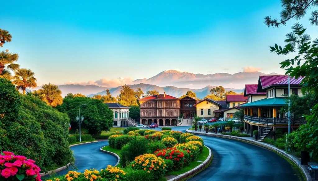 A vibrant landscape showcasing the charm of Baguio, the City of Pines. In the foreground, a winding road leading through lush, verdant foliage, dotted with colorful blooms. In the middle ground, picturesque colonial-style buildings and quaint cafes, bathed in warm, golden sunlight. The background features the majestic Cordillera mountain range, its peaks capped with a dusting of snow. The scene exudes a sense of tranquility and adventure, inviting the viewer to explore the unique character of this enchanting Filipino destination.