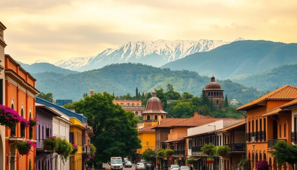 A vibrant landscape showcasing the charm of Medellin, Colombia. In the foreground, a bustling city street lined with colorful colonial-style buildings, their facades adorned with lush greenery and blooming flowers. In the middle ground, the iconic Pueblito Paisa, a meticulously reconstructed traditional Antioquian neighborhood, inviting visitors to step back in time. The backdrop features the majestic Andes mountains, their peaks capped with a dusting of snow, creating a picturesque contrast against the warm, sunny sky. The scene is bathed in a soft, golden light, conveying a sense of tranquility and timelessness. This image perfectly captures the vibrant charm and natural beauty that make Medellin a must-visit destination.