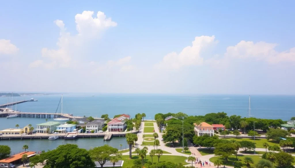 A vibrant landscape showcasing the charming coastal town of Fairhope, Alabama. In the foreground, a picturesque pier stretches out over the sparkling waters of Mobile Bay, with sailboats and yachts gently bobbing in the calm waves. Lining the shoreline, a row of quaint, pastel-colored buildings and shops invite visitors to explore the lively downtown area. In the middle ground, tree-lined streets and pedestrian-friendly pathways lead toward a central park, where families and friends gather to enjoy the pleasant weather. The background is dominated by a hazy, azure sky, punctuated by fluffy, white clouds that cast soft, diffused lighting across the scene. An overall mood of tranquility and charm pervades the image, inviting the viewer to imagine strolling through this delightful coastal town.