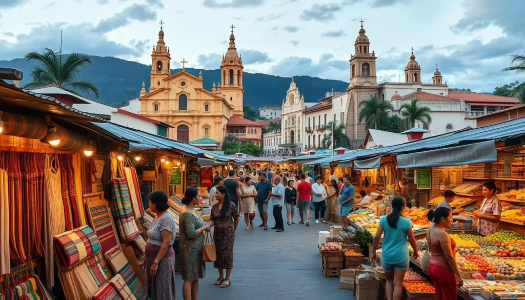 A vibrant landscape showcasing the cultural heritage of Panay Island, Philippines. In the foreground, a group of local artisans showcase their intricate handwoven textiles and traditional crafts, their colorful displays illuminated by warm natural lighting. In the middle ground, a bustling marketplace filled with friendly vendors selling fresh produce, spices, and regional delicacies. In the background, the iconic architecture of centuries-old churches and heritage buildings stand tall, their ornate details and grand facades capturing the island's rich history. The scene is infused with a sense of energy and community, inviting viewers to immerse themselves in the vibrant cultural tapestry of Panay Island.