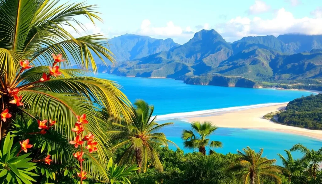 A vibrant landscape showcasing the seasonal delights of Cairns, Queensland. In the foreground, lush tropical foliage with colorful flowers and palm fronds sway gently in the warm breeze. The middle ground features a scenic coastal vista, with azure waters lapping at golden sandy beaches. In the background, rugged, verdant mountains rise up, their peaks bathed in soft, diffused sunlight. The overall scene conveys a sense of tranquility and natural beauty, inviting the viewer to experience the captivating allure of Cairns across the seasons.