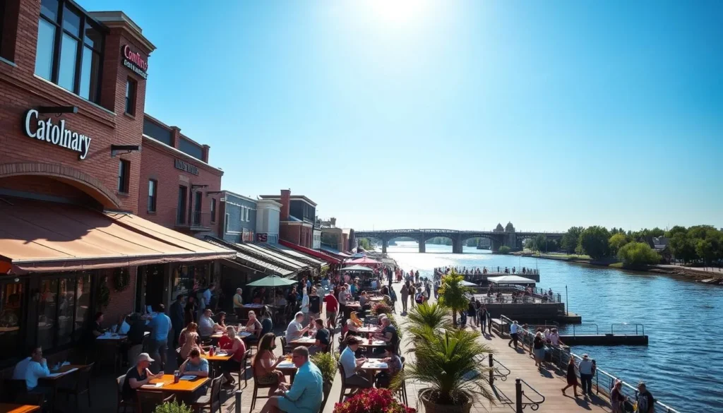 A vibrant, lively scene along the Peoria Riverfront, showcasing the city's thriving culinary scene. In the foreground, patrons dine alfresco at a charming riverside restaurant, enjoying the warm afternoon sunlight and gentle breeze off the water. Mid-ground features a variety of stylish eateries and cafes, their facades adorned with inviting outdoor seating and signage. The background is dominated by the majestic Illinois River, its banks lined with mature trees and bordered by a bustling promenade. The overall atmosphere is one of relaxation and conviviality, capturing the essence of Peoria's vibrant riverfront dining experience.