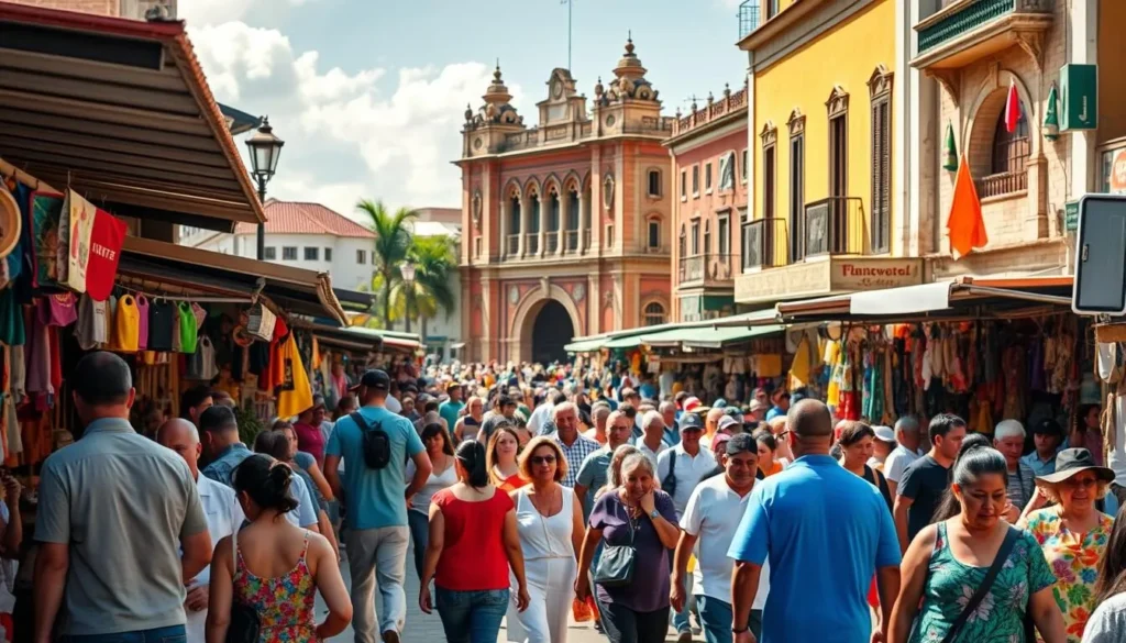 A vibrant market bustling with local vendors, their colorful wares and lively interactions creating a captivating scene. In the background, historic colonial architecture frames the lively atmosphere, with warm sunlight filtering through the streets. Pedestrians navigate the lively crowds, immersed in the rich tapestry of Honduran culture. Capture the essence of this dynamic urban center, showcasing the unique blend of tradition and modernity that defines Honduran cities.