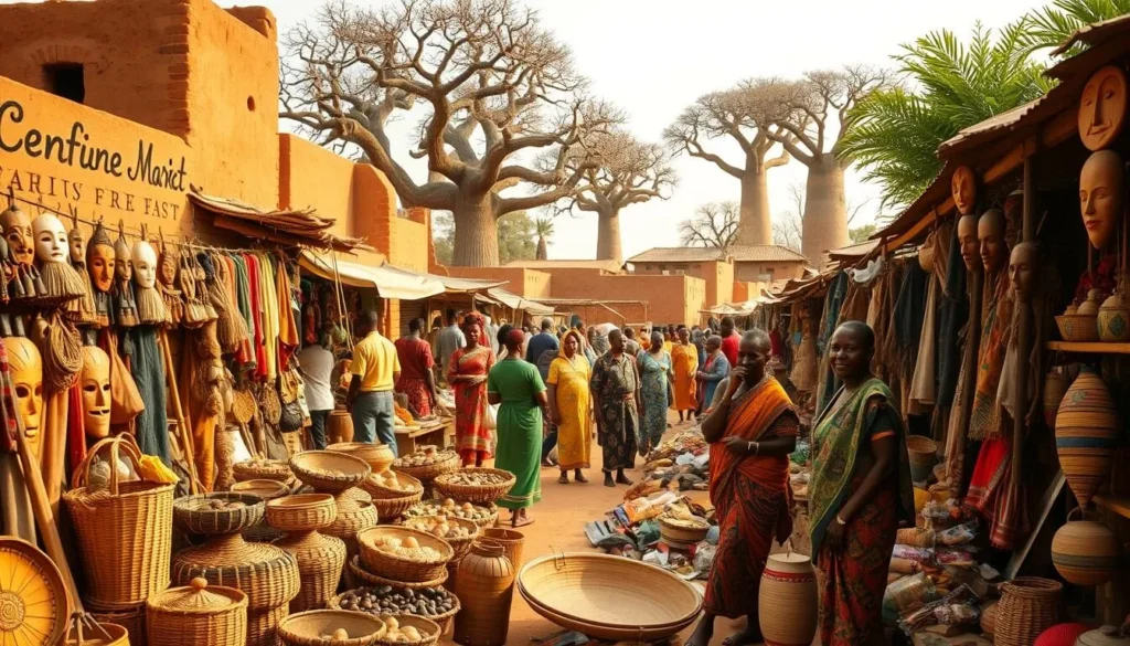 A vibrant market scene in Burkina Faso, bustling with local artisans and vendors showcasing their handcrafted wares. In the foreground, a colorful array of woven baskets, wooden masks, and intricate textiles. In the middle ground, people dressed in traditional garments haggle and barter, their lively conversations filling the air. The background features mud-brick buildings and towering baobab trees, bathed in the warm glow of the West African sun. The scene exudes a sense of community, tradition, and cultural richness, inviting the viewer to immerse themselves in the heart of Burkina Faso's vibrant way of life. A vibrant market scene in Burkina Faso, bustling with local artisans and vendors showcasing their handcrafted wares. In the foreground, a colorful array of woven baskets, wooden masks, and intricate textiles. In the middle ground, people dressed in traditional garments haggle and barter, their lively conversations filling the air. The background features mud-brick buildings and towering baobab trees, bathed in the warm glow of the West African sun. The scene exudes a sense of community, tradition, and cultural richness, inviting the viewer to immerse themselves in the heart of Burkina Faso's vibrant way of life.