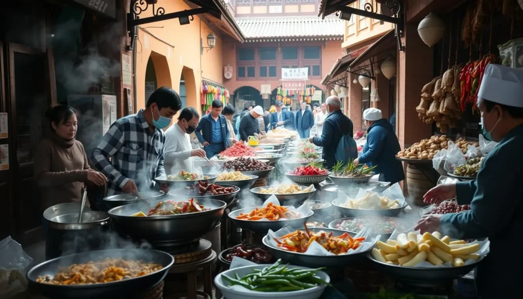 A vibrant market scene in Yunnan, China, showcasing the region's diverse and flavorful cuisine. In the foreground, vendors skillfully prepare steaming hot dishes, their colorful ingredients and aromatic spices filling the air. In the middle ground, customers browse an array of freshly harvested produce, from earthy mushrooms to vibrant chilies. The background is framed by traditional architecture, its warm, earthy tones complementing the lively market atmosphere. Soft natural lighting casts a gentle glow, highlighting the textures and colors of the scene. The overall impression is one of a bustling, sensory-rich experience that captures the essence of Yunnan's celebrated culinary traditions.