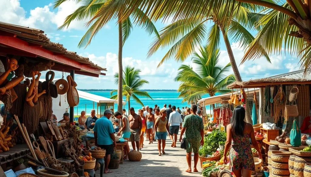 A vibrant market scene in a coastal Belizean town, with vendors offering an array of colorful local produce, handicrafts, and traditional wares. In the foreground, artisans showcase their intricate woodcarvings, woven baskets, and vibrant textiles. The middle ground is bustling with locals and tourists exploring the stalls, immersed in the lively atmosphere. In the background, a picturesque Caribbean landscape unfolds, with swaying palm trees and a glistening azure sea. The scene is bathed in warm, natural lighting, capturing the unique charm and cultural heritage of Belize.