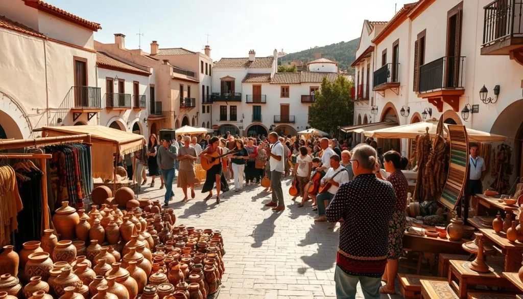 A vibrant market square in the heart of a Canary Islands town, sun-drenched and bustling with locals showcasing their rich cultural heritage. In the foreground, artisans display handcrafted pottery, weavings, and wooden carvings, their intricate designs reflecting centuries of tradition. In the middle ground, a lively crowd gathers around musicians playing traditional Canarian folk music, their energetic rhythms filling the air. In the background, white-washed buildings with terracotta roofs and ornate balconies line the square, creating a picturesque Mediterranean ambiance. Warm, golden lighting bathes the scene, evoking a sense of timelessness and the enduring spirit of the Canary Islands' vibrant cultural legacy.