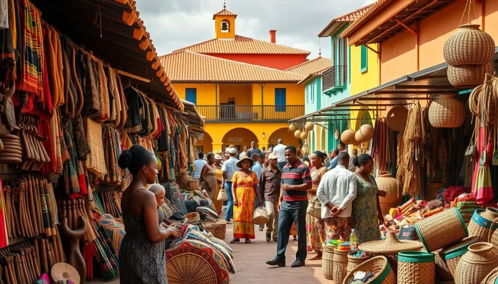 A vibrant marketplace in Malabo, the capital of Equatorial Guinea. In the foreground, local vendors offer a colorful array of handcrafted textiles, intricate wood carvings, and baskets woven with natural fibers. The middle ground features people in traditional dress browsing the stalls, haggling and interacting with the merchants. In the background, the architecture reflects a blend of Spanish colonial and African influences, with terracotta roofs and brightly painted facades. Warm, natural lighting illuminates the scene, creating a lively, immersive atmosphere that captures the essence of Equatorial Guinea's rich cultural heritage and traditions.