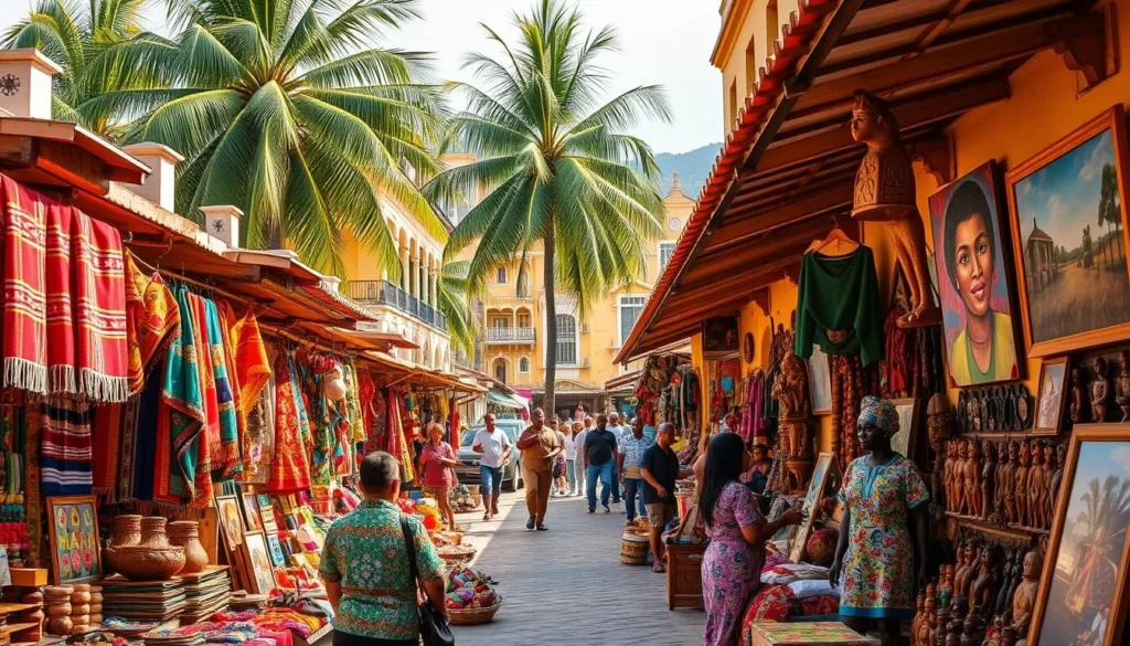 A vibrant marketplace in Port-au-Prince, bustling with Haitian artisans showcasing their vibrant, handcrafted wares. Brightly colored textiles, intricate wood carvings, and vibrant paintings adorn the stalls, reflecting the rich cultural heritage of this island nation. In the background, the iconic gingerbread-style architecture and lush palm trees create a picturesque scene. Warm, golden sunlight bathes the scene, evoking a sense of warmth and energy. The overall mood is one of celebration and pride in Haitian craftsmanship and tradition.