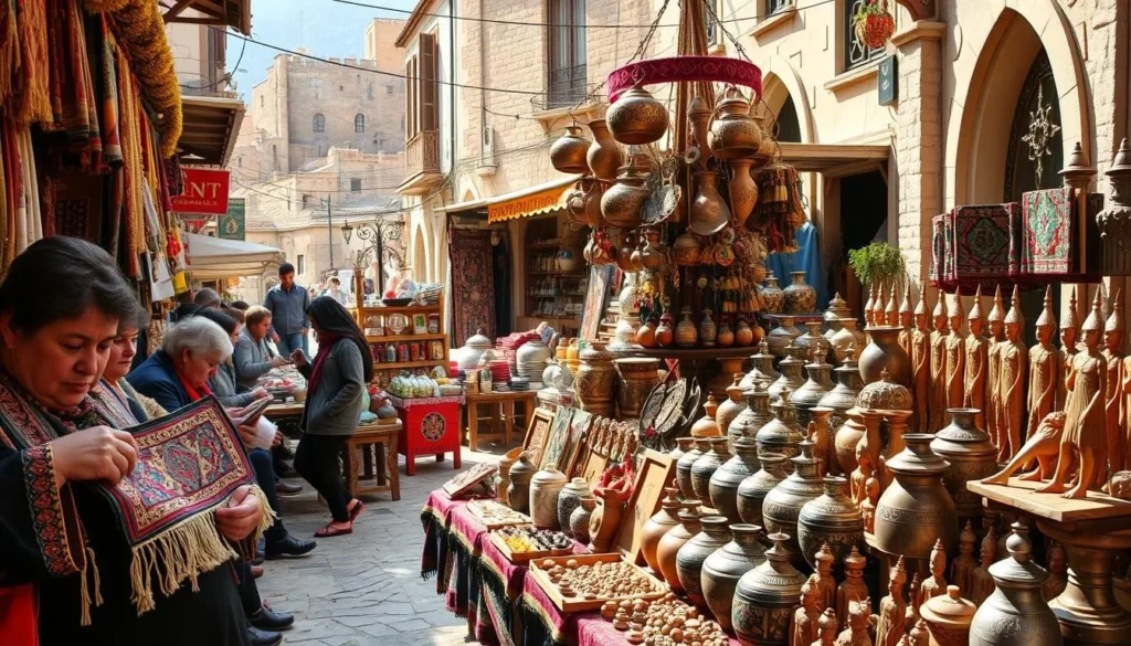 A vibrant marketplace in the heart of Armenia, showcasing the rich tapestry of local crafts. In the foreground, artisans skillfully weave intricate carpets, their nimble fingers bringing forth centuries-old traditions. The middle ground features a diverse array of handmade pottery, intricate metalwork, and delicately carved wooden figurines. In the background, the backdrop is a picturesque scene of ancient architecture, with sunlight filtering through the narrow streets, creating a warm, inviting atmosphere. The overall composition captures the essence of Armenia's vibrant cultural heritage, where every item on display is a testament to the country's enduring artistic spirit.