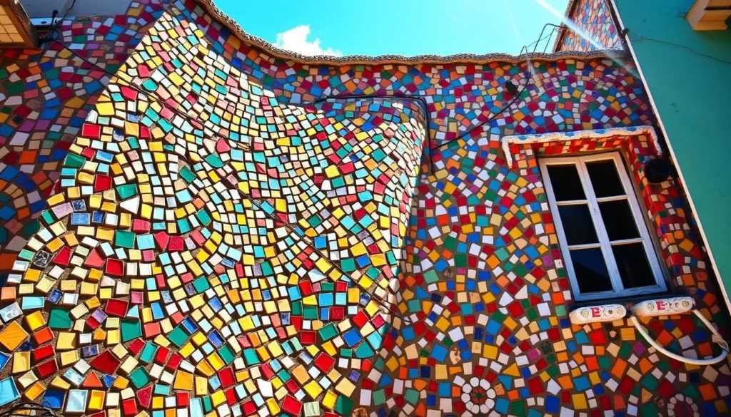 A vibrant, mosaic-covered façade in the Fusterlandia neighborhood of Havana, Cuba. The intricate patterns and colors of the tiled exterior create a captivating, kaleidoscopic effect, drawing the eye inwards. Sunlight dances across the irregular surface, casting dynamic shadows and highlights that add depth and texture to the scene. The overall impression is one of whimsy, creativity, and a celebration of Cuban art and culture. The viewer is invited to step closer and explore the intricate details of this unique and visually striking example of Havana's distinctive architectural heritage.