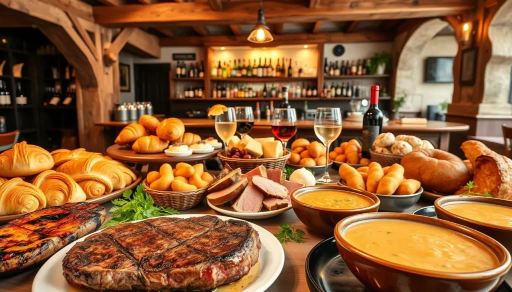 A vibrant, mouthwatering display of Luxembourg's delectable cuisine. In the foreground, an array of local specialties, including juicy seared steak, rich Judd mat Gaardebounen (smoked pork with broad beans), and creamy Bouneschlupp (bean soup). Surrounding these are artfully arranged platters of buttery croissants, freshly baked bread, and a selection of decadent pastries. In the middle ground, a well-stocked bar showcases the region's renowned wines and unique Riesling-based cocktails. The background is a cozy, rustic interior with exposed wooden beams, soft lighting, and charming details that evoke the warmth and hospitality of Luxembourg's culinary heritage. The overall scene conveys a sense of indulgence, celebration, and the joy of savoring the best of Luxembourg's renowned cuisine.