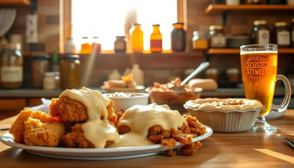 A vibrant, mouthwatering spread of Kentucky's signature culinary delights, bathed in warm, golden sunlight streaming through a large kitchen window. In the foreground, a delectable plate of crispy, golden-fried chicken paired with fluffy buttermilk biscuits and creamy, tangy sausage gravy. In the middle ground, a steaming bowl of classic burgoo stew, rich with tender meat and fresh vegetables. Alongside, a display of freshly baked, flaky-crusted bourbon pecan pie and a tall glass of refreshing, amber-hued bourbon sweet tea. In the background, rustic wooden shelves showcasing jars of local honey, homemade jam, and other artisanal Kentucky-made products. The scene evokes the comforting, homespun essence of Kentucky's vibrant food culture.
