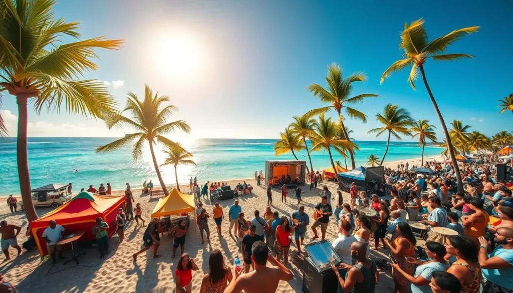 A vibrant music festival on the scenic Grande Anse Beach in Martinique. Colorful tents and stages dot the sandy shore, surrounded by swaying palm trees and crystalline turquoise waters. A diverse crowd of locals and tourists sway to the rhythmic beats of Caribbean music, with musicians playing lively tunes on steel drums and guitars. The warm sun casts a golden glow over the energetic scene, creating a lively and celebratory atmosphere. Wide-angle lens captures the full scope of the festivities, showcasing the stunning natural backdrop of the idyllic tropical beach. A vibrant music festival on the scenic Grande Anse Beach in Martinique. Colorful tents and stages dot the sandy shore, surrounded by swaying palm trees and crystalline turquoise waters. A diverse crowd of locals and tourists sway to the rhythmic beats of Caribbean music, with musicians playing lively tunes on steel drums and guitars. The warm sun casts a golden glow over the energetic scene, creating a lively and celebratory atmosphere. Wide-angle lens captures the full scope of the festivities, showcasing the stunning natural backdrop of the idyllic tropical beach.
