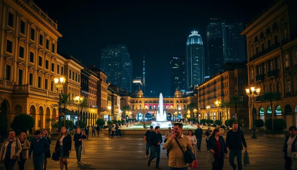 A vibrant night scene on Nizami Street, Baku, Azerbaijan. The elegant, historic buildings lining the street are illuminated by warm, golden streetlights, casting a cozy glow over the scene. In the foreground, a group of people stroll along the sidewalk, their laughter and conversation creating a lively atmosphere. In the middle ground, the iconic Fountain Square comes into view, its central fountain sparkling under the night sky. The background is framed by the silhouettes of towering skyscrapers, a testament to Baku's modern urban landscape. The overall mood is one of enchantment, inviting the viewer to explore the vibrant heart of the city.