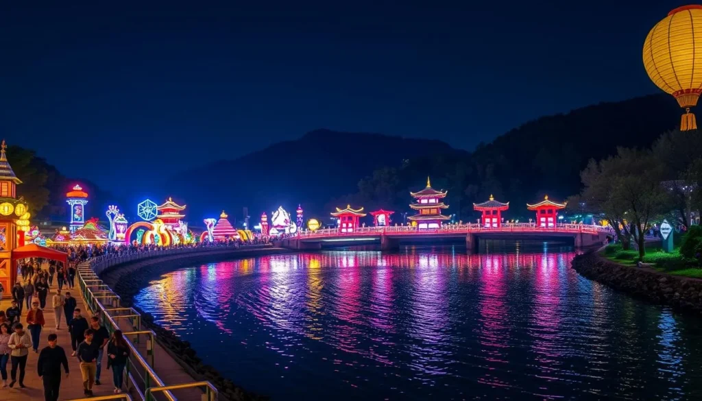 A vibrant nighttime scene at the Otozure River in Yamaguchi City, Japan, where the annual Light and Sound Festival is in full swing. The riverbanks are lined with colorful paper lanterns and illuminated installations, casting a warm, magical glow over the tranquil waters. In the foreground, visitors stroll along the riverside promenade, admiring the intricate displays and taking in the lively atmosphere. The middle ground features traditional Japanese pavilions and bridges, their reflections dancing on the rippling surface of the river. In the background, the silhouettes of lush hills and trees create a serene natural backdrop, complementing the festive spectacle. The scene is captured with a wide-angle lens, emphasizing the scale and grandeur of the event, conveying a sense of wonder and celebration.