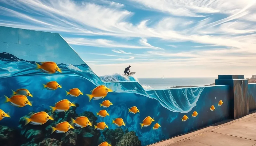 A vibrant oceanside mural adorns the walls of a seaside town, capturing the essence of coastal living. In the foreground, a school of tropical fish swim gracefully through crystalline waves, their vibrant hues shimmering in the warm sunlight. In the middle ground, a surfer riding a towering wave stands in silhouette, their movements frozen in time. The background showcases a panoramic view of the Pacific Ocean, its infinite expanse stretching towards the horizon, with wispy clouds drifting overhead. The overall scene exudes a sense of tranquility and adventure, inviting the viewer to immerse themselves in the unique experiences that Oceanside has to offer.