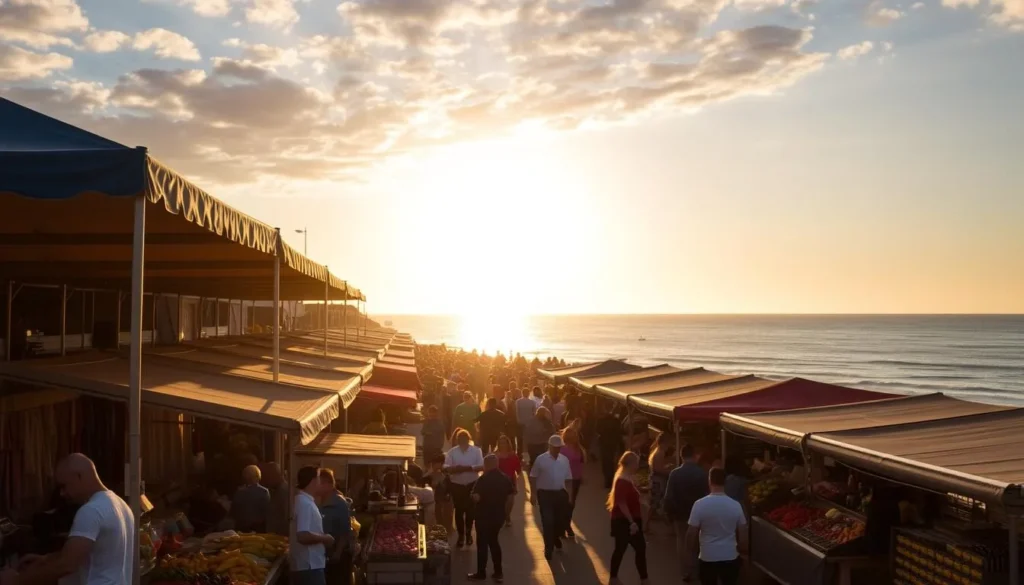 A vibrant open-air marketplace bustling with local vendors and eager shoppers, set against the picturesque backdrop of a serene oceanside sunset. Rows of colorful tents and stalls display an array of handcrafted goods, fresh produce, and tantalizing street food. The warm, golden light filters through the scene, casting a gentle glow and creating long, soft shadows. In the distance, the shimmering ocean and a fiery sky create a breathtaking visual harmony. The atmosphere is lively and inviting, with the sights, sounds, and aromas of the market creating a truly immersive experience.