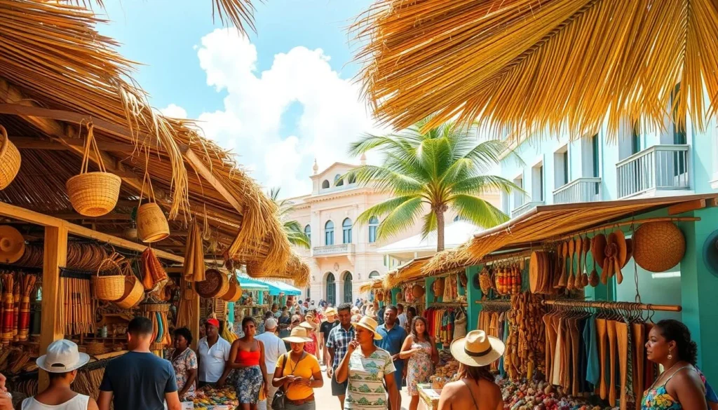 A vibrant open-air straw market in the heart of George Town, Bahamas. Rows of colorful vendor stalls showcase handwoven baskets, carved wooden trinkets, and locally crafted textiles. Sunlight filters through the palm frond canopy, casting a warm glow over the bustling scene. In the foreground, customers browse the eclectic wares, haggling good-naturedly with the friendly merchants. The middle ground is a tapestry of thatched roofs, woven hats, and the lively chatter of the market. In the background, the iconic pastel-hued buildings of George Town's historic colonial architecture provide a picturesque backdrop. An authentic, vibrant representation of the local shopping and cultural experience. A vibrant open-air straw market in the heart of George Town, Bahamas. Rows of colorful vendor stalls showcase handwoven baskets, carved wooden trinkets, and locally crafted textiles. Sunlight filters through the palm frond canopy, casting a warm glow over the bustling scene. In the foreground, customers browse the eclectic wares, haggling good-naturedly with the friendly merchants. The middle ground is a tapestry of thatched roofs, woven hats, and the lively chatter of the market. In the background, the iconic pastel-hued buildings of George Town's historic colonial architecture provide a picturesque backdrop. An authentic, vibrant representation of the local shopping and cultural experience.