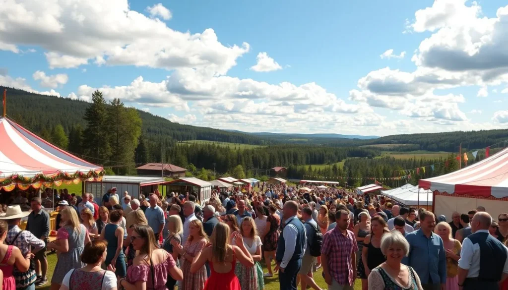 A vibrant outdoor festival in the heart of the Finnish countryside. In the foreground, a lively crowd of people dancing and celebrating, their colorful traditional costumes swaying to the beat of live music. In the middle ground, rows of festive market stalls selling local crafts, delicious street food, and handmade souvenirs. In the background, a picturesque landscape of rolling hills, lush forests, and a clear blue sky dotted with fluffy white clouds. The scene is bathed in warm, golden sunlight, creating a cozy, festive atmosphere. Capture the spirit of Finnish summer, where nature, culture, and community come together in a joyous celebration.