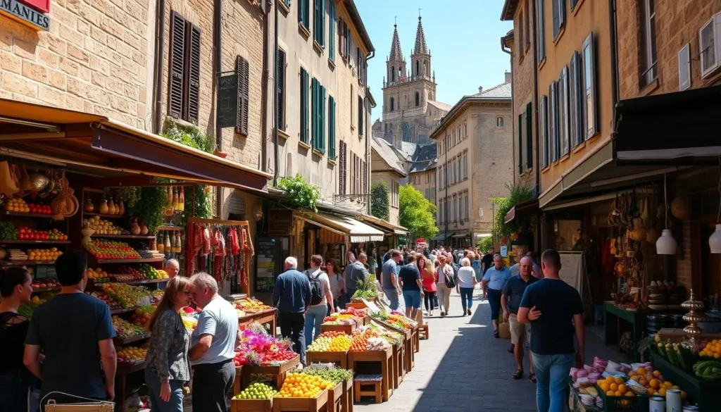 A vibrant outdoor market in the charming town of Saint-Émilion, France. Stalls overflowing with local produce, artisanal goods, and handcrafted wares. Sunlight filters through the narrow streets, casting a warm glow on the historic stone buildings. In the foreground, clusters of shoppers browsing colorful displays of fresh fruits, vegetables, and flowers. The middle ground features artisans showcasing their unique creations - pottery, textiles, jewelry, and more. In the distance, the iconic spires of Saint-Émilion's medieval church tower above the bustling market scene. An atmosphere of vibrant activity, regional pride, and community spirit pervades the entire setting.