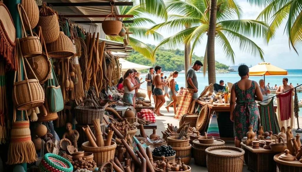 A vibrant outdoor market showcasing an array of handcrafted local souvenirs and artisanal goods. In the foreground, a colorful display of woven baskets, intricate wood carvings, and vibrant textiles. In the middle ground, vendors tending to their stalls, engaged in lively conversations with potential customers. The background reveals a picturesque island setting, with lush tropical foliage and a glimpse of azure waters. Warm, natural lighting bathes the scene, creating a welcoming and inviting atmosphere. The overall composition captures the essence of a thriving, authentic shopping experience that celebrates the rich cultural heritage of the island.