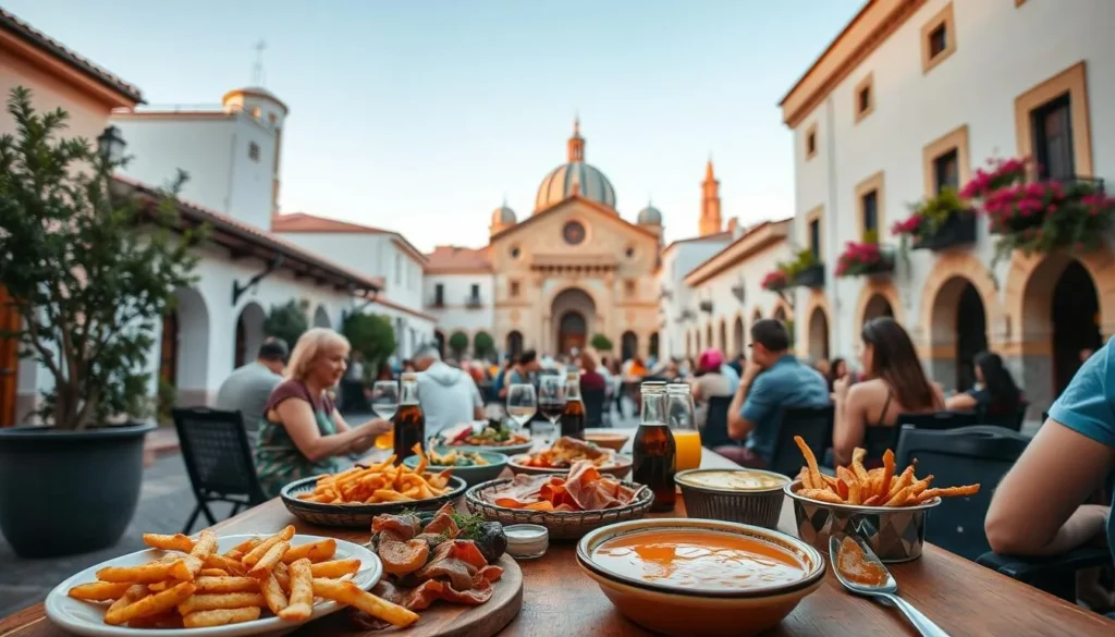 A vibrant outdoor scene in Córdoba, Spain, showcasing the local cuisine. In the foreground, a wooden table is laden with an array of traditional tapas dishes - sizzling patatas bravas, juicy jamón Ibérico, flavorful Salmorejo soup, and crisp fried calamares. Diners sit around the table, enjoying the meal and the warm Mediterranean ambiance. In the middle ground, white-washed buildings with terracotta roofs line the cobblestone streets, while lush potted plants and vibrant flower boxes add pops of color. The background features the iconic Mezquita-Catedral, its ornate arches and domes silhouetted against a clear blue sky. Warm, diffused lighting casts a golden glow over the scene, creating a welcoming and inviting atmosphere.