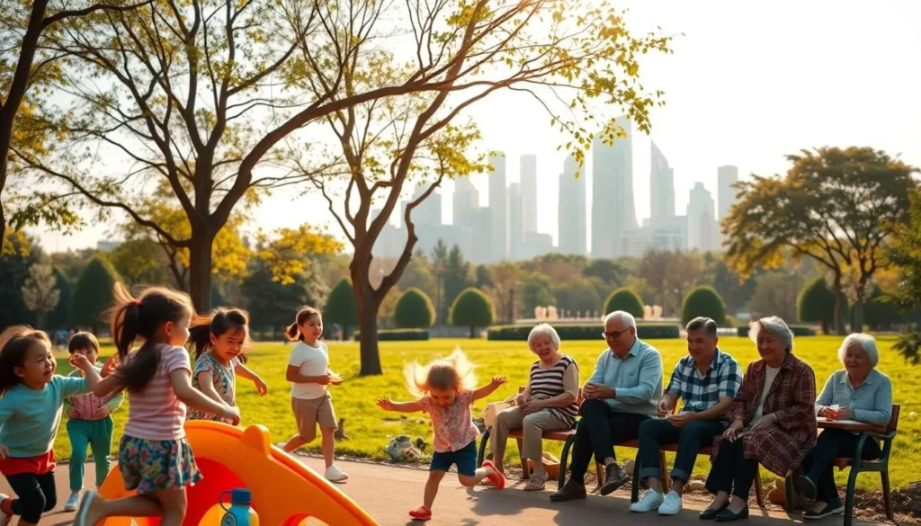A vibrant outdoor scene in Dalian, China, where families gather to enjoy a sunny day. In the foreground, children playfully run and climb on a colorful playground, their laughter filling the air. In the middle ground, parents and grandparents relax on benches, sharing a picnic and watching over their loved ones. The background features the lush greenery of a well-manicured park, with the iconic skyscrapers of Dalian's skyline visible in the distance. Warm, golden sunlight filters through the trees, creating a cozy and inviting atmosphere. The entire scene radiates a sense of joy, togetherness, and the celebration of family-friendly activities in this vibrant coastal city.