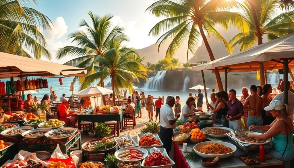 A vibrant outdoor scene in Ocho Rios, Jamaica, showcasing the local cuisine. In the foreground, a lively open-air market bustles with vendors selling freshly caught seafood, ripe tropical fruits, and aromatic spices. The middle ground features a group of patrons enjoying a sumptuous meal at a beachside restaurant, surrounded by swaying palm trees and the sparkling Caribbean Sea. The background is filled with the iconic Dunn's River Falls, its cascading waters creating a serene and picturesque atmosphere. Warm, golden sunlight bathes the entire scene, capturing the vibrant, laid-back spirit of Ocho Rios' culinary delights.