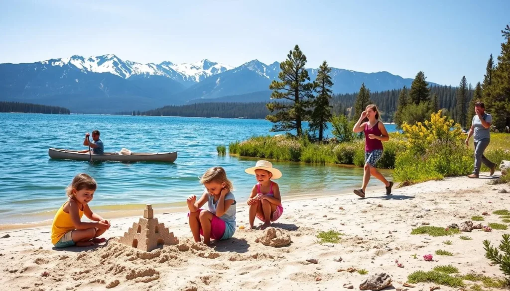A vibrant outdoor scene in South Lake Tahoe, California, showcasing a family enjoying a range of engaging activities. In the foreground, children playfully build a sandcastle on the lush, sun-dappled beach, their laughter echoing across the calm, crystal-clear waters of the lake. In the middle ground, a father and daughter paddle a small canoe, their tranquil journey complemented by the majestic, snow-capped peaks of the Sierra Nevada mountains in the distance. A mother and son hike along a scenic trail, taking in the verdant forest and wildflowers that surround them, the warm, golden light casting a serene glow over the entire scene. A vibrant outdoor scene in South Lake Tahoe, California, showcasing a family enjoying a range of engaging activities. In the foreground, children playfully build a sandcastle on the lush, sun-dappled beach, their laughter echoing across the calm, crystal-clear waters of the lake. In the middle ground, a father and daughter paddle a small canoe, their tranquil journey complemented by the majestic, snow-capped peaks of the Sierra Nevada mountains in the distance. A mother and son hike along a scenic trail, taking in the verdant forest and wildflowers that surround them, the warm, golden light casting a serene glow over the entire scene.