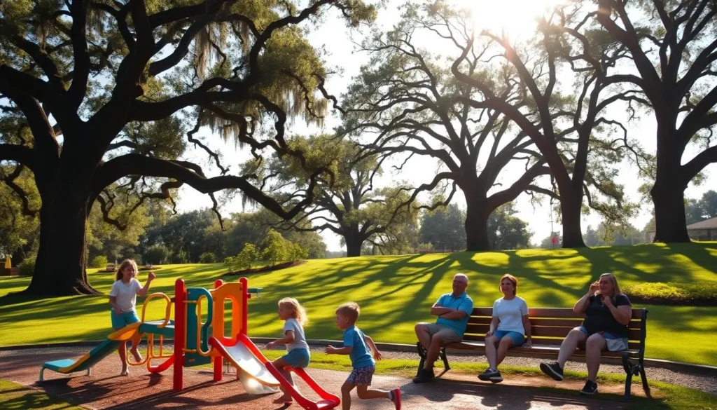 A vibrant outdoor scene in Tallahassee, Florida, featuring a family-friendly park. In the foreground, children play on a colorful playground set, their laughter filling the air. In the middle ground, adults relax on benches, enjoying the warmth of the sun and the tranquility of the lush, green landscape. In the background, towering oak trees cast gentle shadows, creating a serene and inviting atmosphere. The lighting is soft and natural, capturing the beauty of a budget-friendly day in the city. The overall mood is one of joy, relaxation, and appreciation for the simple pleasures of the outdoors.