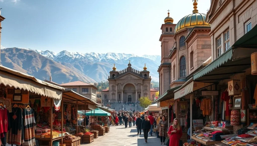 A vibrant outdoor scene in the heart of Armenia, showcasing the country's rich cultural heritage. In the foreground, a bustling marketplace with vendors selling traditional handicrafts, textiles, and spices. The middle ground features a grand, ornate cathedral with intricate stone carvings and a golden dome, casting a warm glow across the scene. In the background, rolling hills and snow-capped mountains create a stunning natural backdrop, conveying a sense of tranquility and timelessness. The lighting is soft and natural, highlighting the vibrant colors and textures of the scene. Shot with a wide-angle lens to capture the full breadth of the cultural landscape.