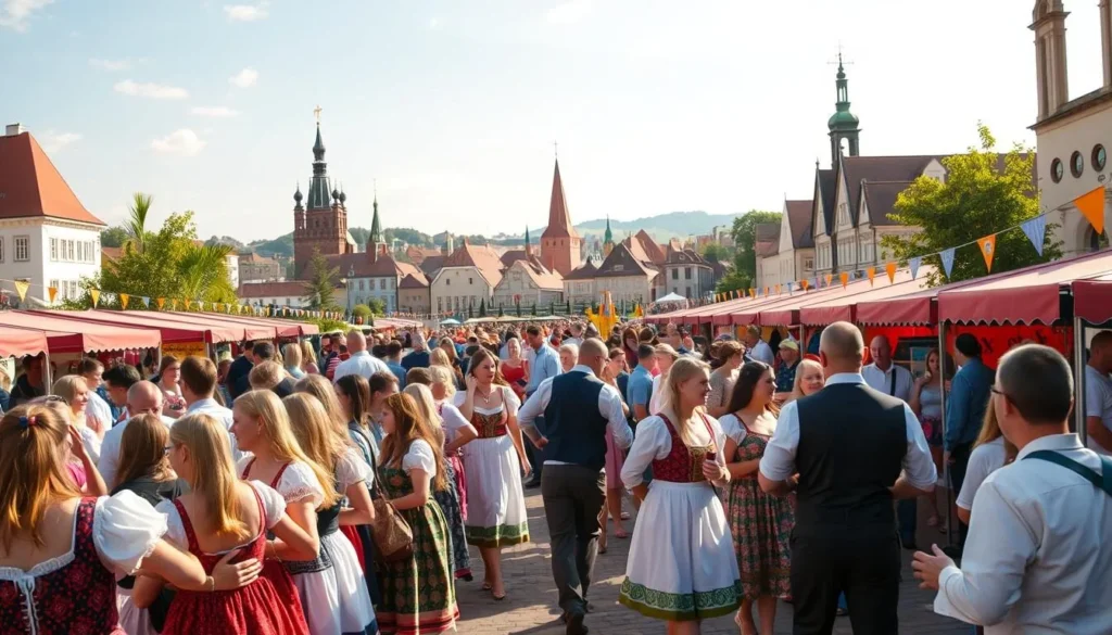 A vibrant outdoor scene in the heart of Estonia, capturing the essence of its lively festival culture. In the foreground, a colorful crowd of revelers dressed in traditional Estonian attire dances to the rhythmic beats of live music. Vendors selling local crafts and delicacies line the middle ground, creating a bustling marketplace atmosphere. In the background, a picturesque medieval town skyline with onion-domed churches and historic architecture provides a stunning backdrop, bathed in warm, golden afternoon sunlight. The overall mood is one of joy, celebration, and cultural immersion, inviting the viewer to experience the vibrant heart of Estonia's festival traditions.