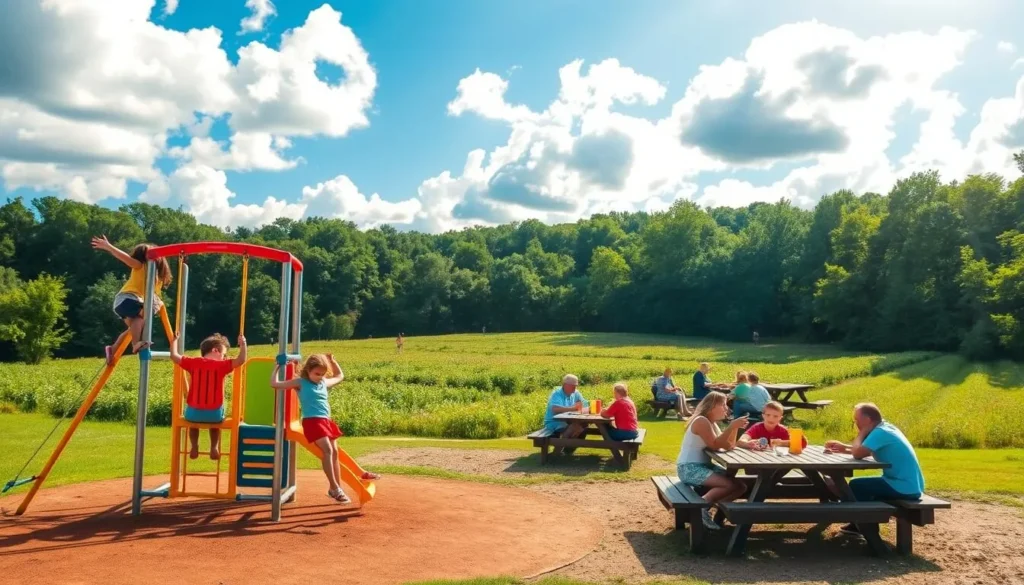 A vibrant outdoor scene showcasing family-friendly activities in Greenville, Kentucky. In the foreground, children play on a colorful jungle gym, swinging and climbing with joyful laughter. In the middle ground, a picnic area with wooden tables and benches, families gathered around enjoying a meal together. In the background, a lush green field dotted with wildflowers, and a wooded area with sunlight filtering through the trees, creating a warm, natural atmosphere. The sky is a brilliant blue, with fluffy white clouds drifting overhead. The lighting is soft and diffused, creating a sense of tranquility and relaxation. The overall mood is one of family togetherness, outdoor adventure, and the beauty of the local landscape.