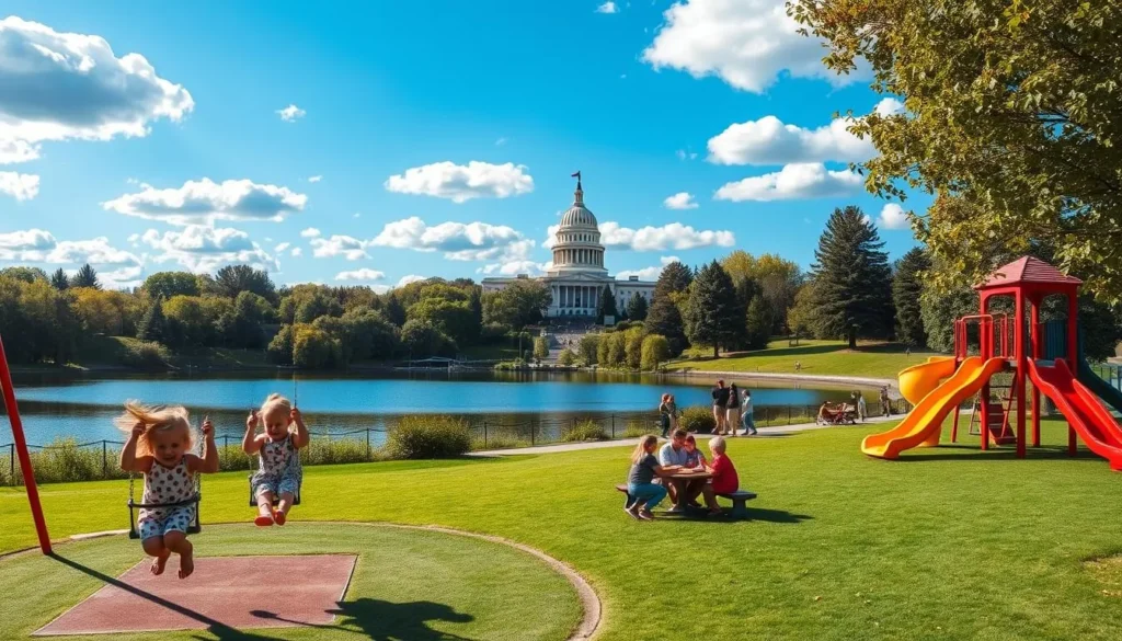 A vibrant outdoor scene showcasing the family-friendly attractions of Olympia, Washington. In the foreground, children play on a colorful playground, swinging on the swings and sliding down the slides, their laughter filling the air. In the middle ground, a tranquil lake reflects the surrounding lush greenery, with families enjoying a picnic on the grassy banks. In the background, the majestic Capitol building stands tall, its grand architecture framed by a clear blue sky with fluffy white clouds. Warm sunlight bathes the entire scene, creating a welcoming and inviting atmosphere for visitors of all ages.