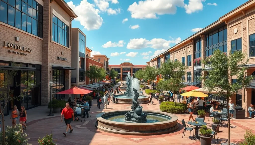 A vibrant outdoor shopping district nestled in the heart of Irving, Texas. The Las Colinas shopping area is a bustling oasis of high-end boutiques, charming eateries, and lush landscaping. Capture the sun-dappled plaza, where people stroll along the elegant fountains and sculptures, surrounded by the sleek, modern architecture of the commercial buildings. Showcase the inviting patios of the cafes, where locals sip their coffee and enjoy the pleasant afternoon. Render the scene with a natural, warm lighting that highlights the rich colors and textures of the stone facades, lush greenery, and vibrant umbrellas. Present this vibrant, upscale shopping destination as an enticing glimpse into the dynamic heart of Irving.