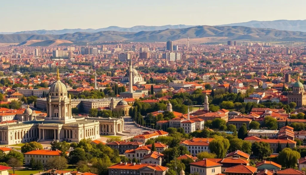 A vibrant panorama of Ankara's cityscape, bathed in the warm glow of a sun-drenched afternoon. In the foreground, stately government buildings and historical landmarks stand tall, their facades shimmering in the crisp, clear light. The middle ground is dominated by a sprawling tapestry of terracotta rooftops and verdant parks, punctuated by the occasional minaret or spire reaching skyward. In the distance, the rolling hills of the Anatolian landscape provide a majestic backdrop, their slopes dotted with clusters of modern high-rises and residential neighborhoods. The scene exudes a sense of energy and forward momentum, conveying the dynamic nature of this vibrant Turkish capital.
