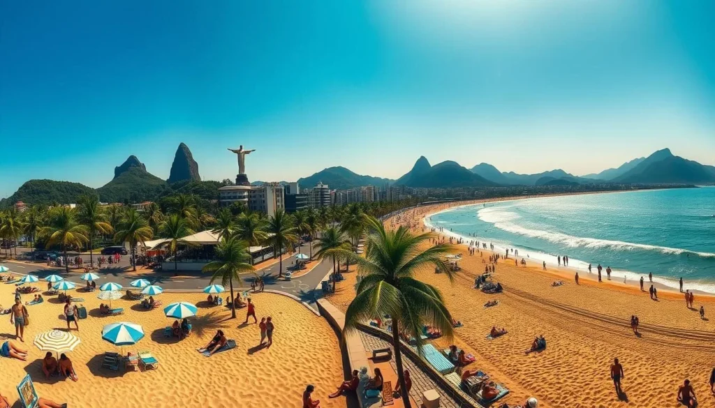 A vibrant panorama of Copacabana beach, Rio de Janeiro, on a sun-drenched day. In the foreground, bronzed beachgoers relax on soft, golden sands, their umbrellas casting playful shadows. The iconic Copacabana promenade curves gracefully, lined with swaying palm trees and lively beachfront cafes. In the middle ground, the sparkling, azure waters of the Atlantic Ocean beckon, with surfers catching the gentle waves. Framing the scene, the lush, undulating hills of the Sugarloaf Mountain and Christ the Redeemer statue stand as majestic guardians, bathed in warm, golden light. The overall atmosphere exudes a vibrant, laid-back energy, capturing the essence of this beloved, iconic Brazilian beach destination.