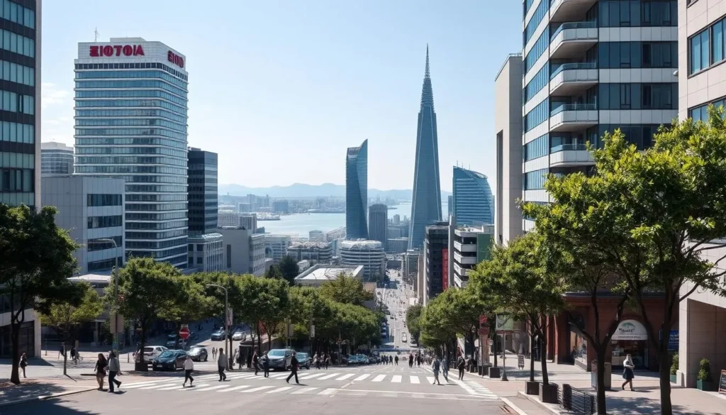 A vibrant panoramic view of Minato-ku, Tokyo, showcasing its iconic skyscrapers and landmarks on a pleasant, sun-drenched day. Capture the bustling energy of the district, with pedestrians strolling along the tree-lined streets and the serene waters of Tokyo Bay shimmering in the distance. Provide a sense of depth by framing the scene with elegant high-rise buildings in the foreground, leading the eye towards the sleek, modern architecture of the Shiodome and Roppongi Hills in the middle ground. Ensure the image conveys a sense of sophistication and dynamism characteristic of this premier Tokyo neighborhood.