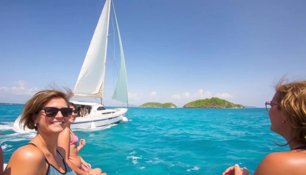 A vibrant sailing yacht gliding across the azure waters of the Southern Islands, Bahamas, its white sails billowing in the gentle breeze. In the foreground, a group of adventurous travelers enjoy the exhilaration of the journey, their faces lit by the warm sun. The middle ground reveals the lush, verdant islands dotting the horizon, inviting exploration. In the background, a cloudless sky stretches endlessly, creating a serene and tranquil atmosphere. The scene is captured through a wide-angle lens, conveying a sense of expansive adventure and the sheer beauty of this tropical paradise.