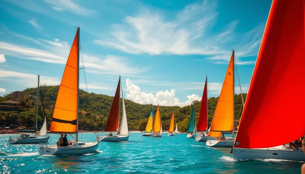 A vibrant scene of Antigua Sailing Week, captured on a sun-drenched day. In the foreground, sleek sailboats glide across the turquoise waters of Runaway Beach, their colorful sails billowing in the gentle breeze. The middle ground showcases the lush, palm-fringed coastline, with spectators lining the shores, watching the regatta unfold. In the background, the azure sky is dotted with wispy clouds, creating a picturesque and serene atmosphere. The lighting is warm and golden, casting a glow over the entire scene, accentuating the vibrant colors and creating a sense of tranquility and excitement. The perspective is captured from a slightly elevated angle, providing a panoramic view of the festivities.